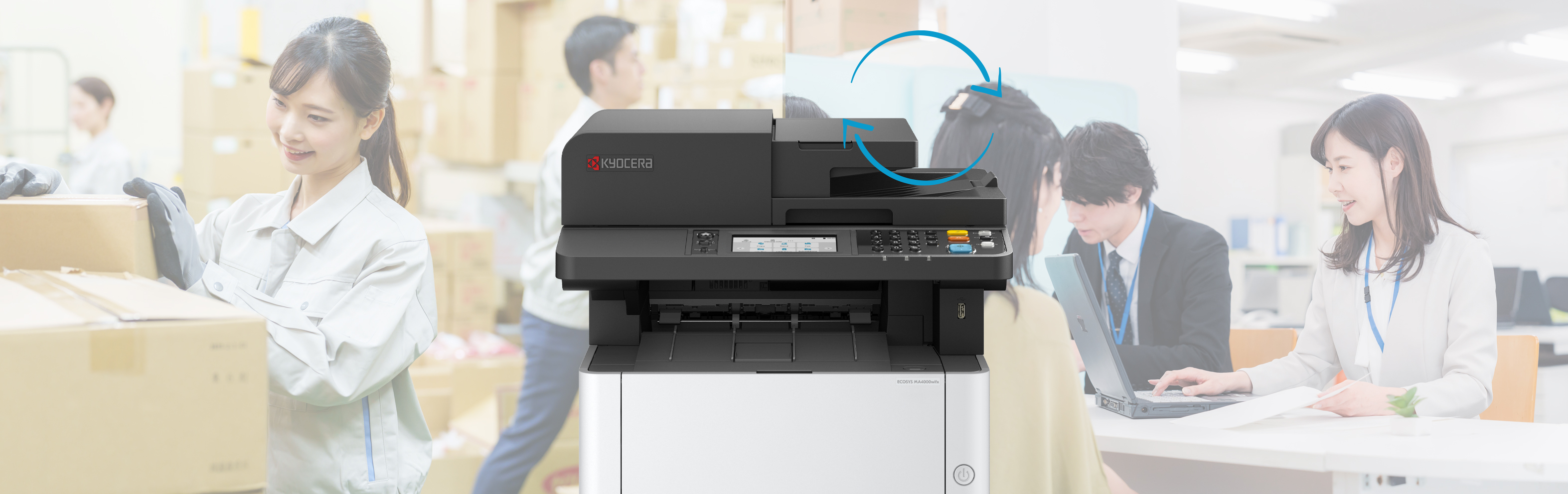Kyocera ECOSYS MA4000 series multifunction printer in office and reception settings